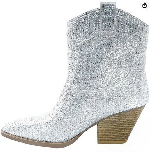New Women Silver Blingy Rhinestone Cowboy Western Ankle Boots Booties - Picture 2 of 4